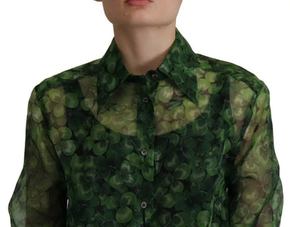 Dolce & Gabbana Green Clover Print Long Sleeves Collared Top Blouse