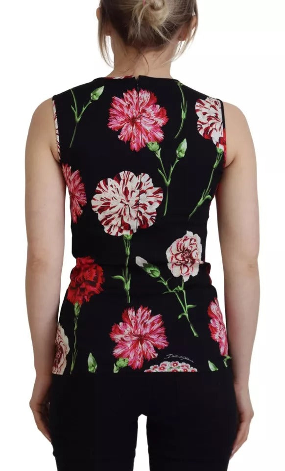 Dolce &amp; Gabbana – Schwarze, ärmellose Tanktop-Seidenbluse mit Blumenmuster