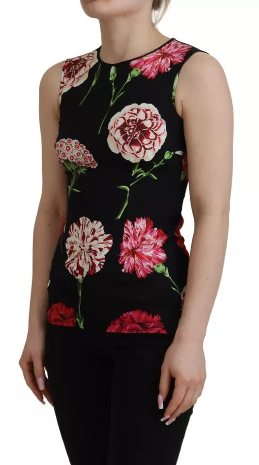 Dolce & Gabbana Black Floral Sleeveless Tank Top Silk Blouse