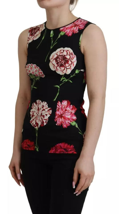 Dolce &amp; Gabbana – Schwarze, ärmellose Tanktop-Seidenbluse mit Blumenmuster