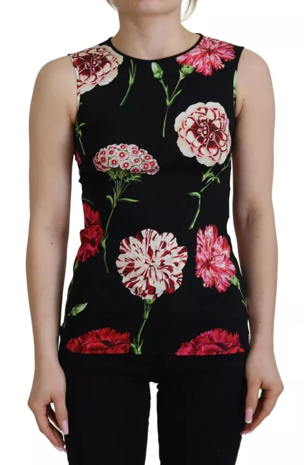 Dolce &amp; Gabbana – Schwarze, ärmellose Tanktop-Seidenbluse mit Blumenmuster