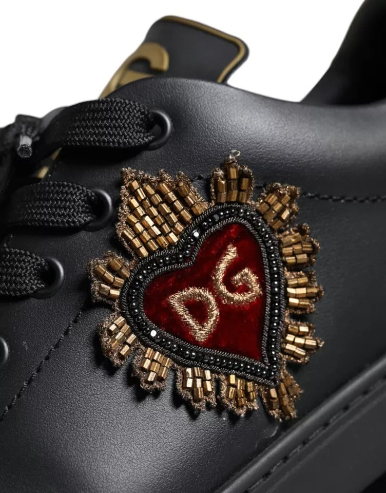 Dolce & Gabbana Black Leather Heart Low Top Sneaker Shoes