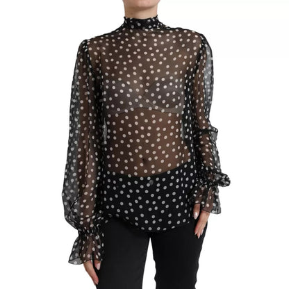 Dolce & Gabbana Black White Polka Dot Silk Ascot Collar Top