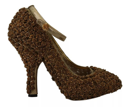 Dolce & Gabbana Gold Roses Embellished Heels Pumps Shoes