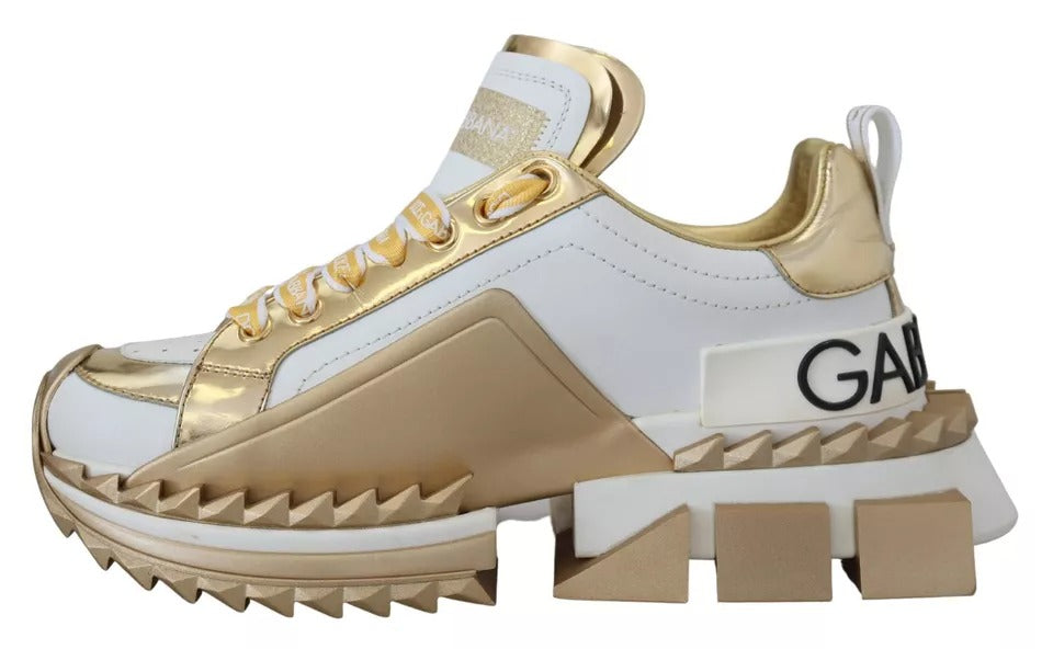 Dolce &amp; Gabbana Super Queen Schuhe Sneakers aus weißem Leder in Gold