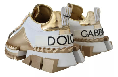 Dolce &amp; Gabbana Super Queen Schuhe Sneakers aus weißem Leder in Gold