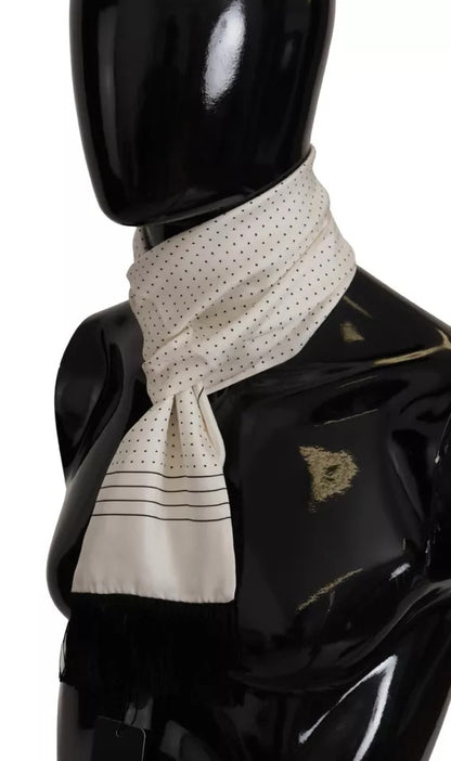 Dolce & Gabbana White Polka Dots Pattern Silk Fringes Wrap Scarf