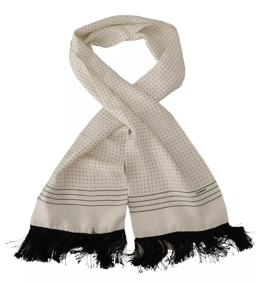 Dolce & Gabbana White Polka Dots Pattern Silk Fringes Wrap Scarf