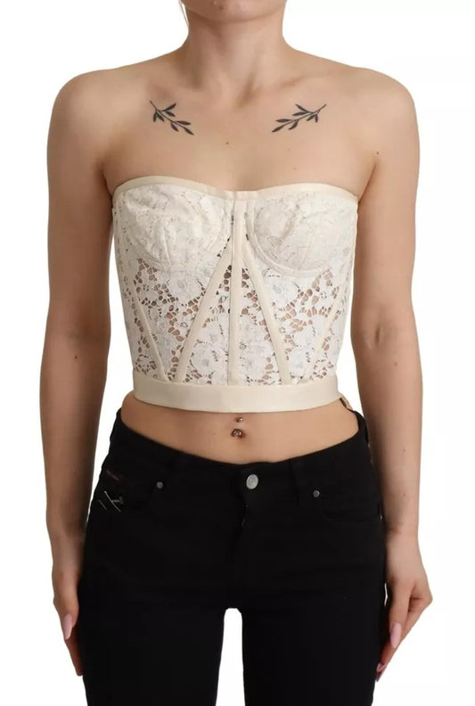 Dolce &amp; Gabbana – Weißes, trägerloses, kurzes Bustier-Top aus floraler Spitze