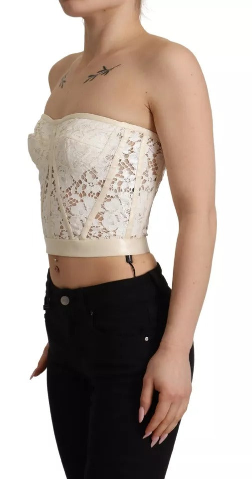 Dolce & Gabbana White Strapless Floral Lace Cropped Bustier Top