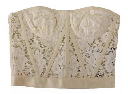 Dolce & Gabbana White Strapless Floral Lace Cropped Bustier Top