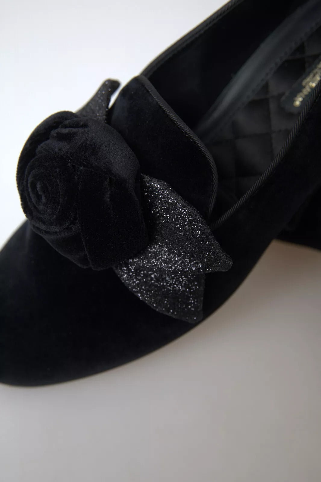 Dolce & Gabbana Black Velvet Flats Bow Young Queen Shoes