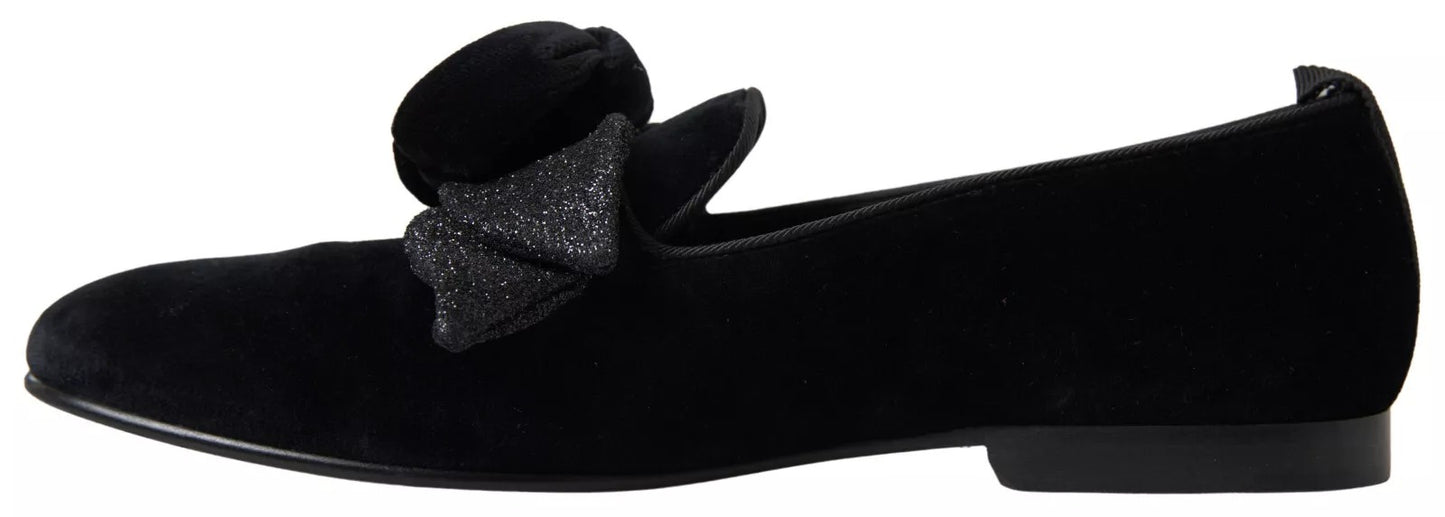 Dolce & Gabbana Black Velvet Flats Bow Young Queen Shoes