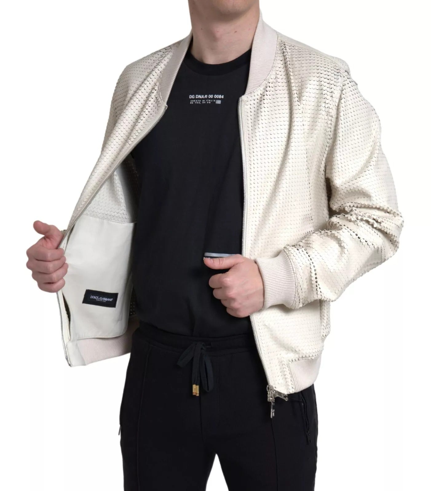 Dolce & Gabbana Off White LeatherPerforated Full Zip Jacket