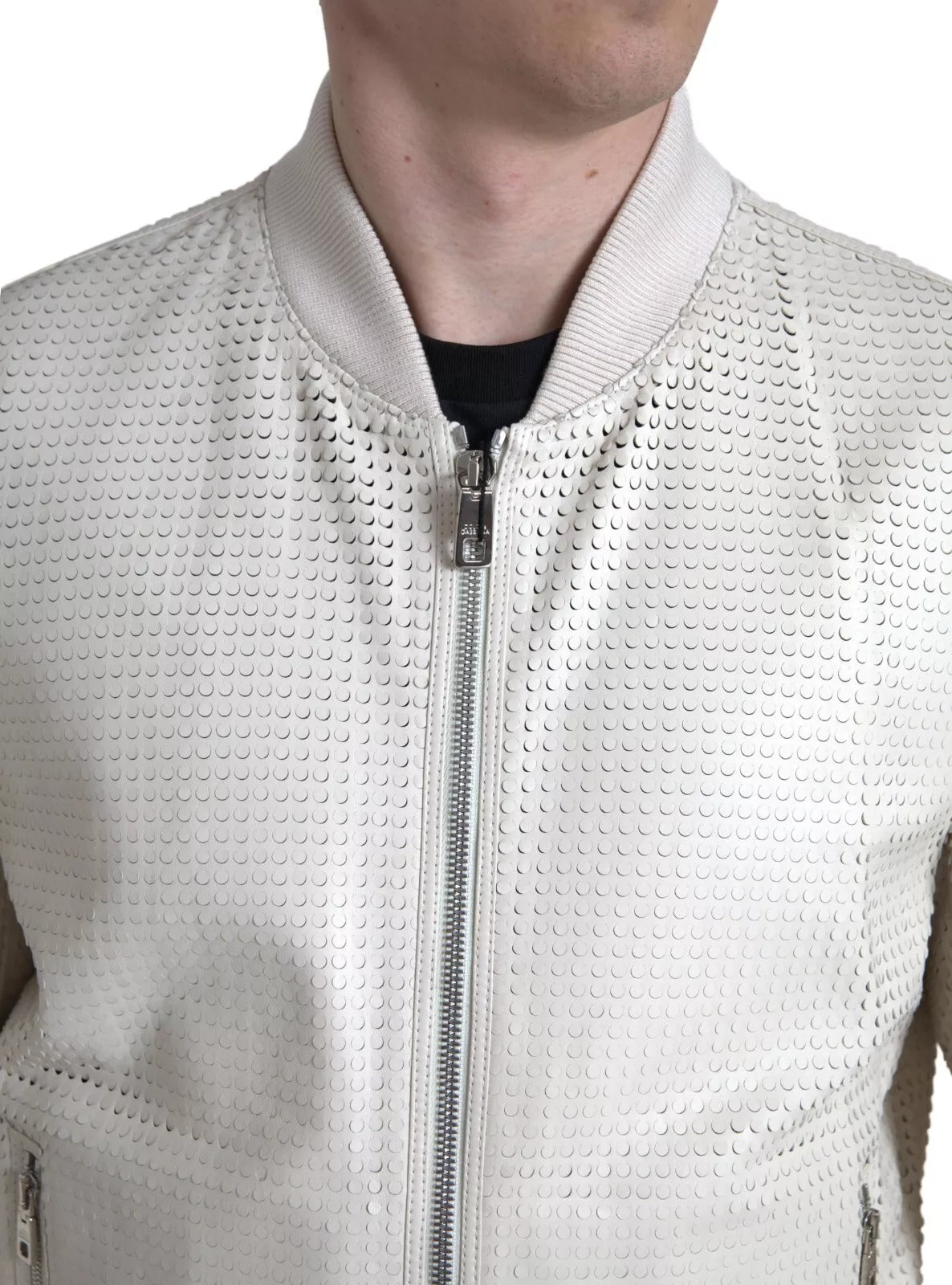 Dolce & Gabbana Off White LeatherPerforated Full Zip Jacket