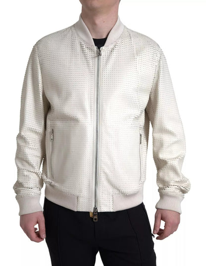 Dolce & Gabbana Off White LeatherPerforated Full Zip Jacket