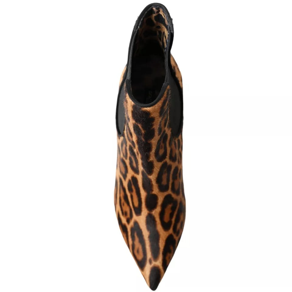 Dolce & Gabbana Brown Leopard Leather Stretch Heels Boots Shoes