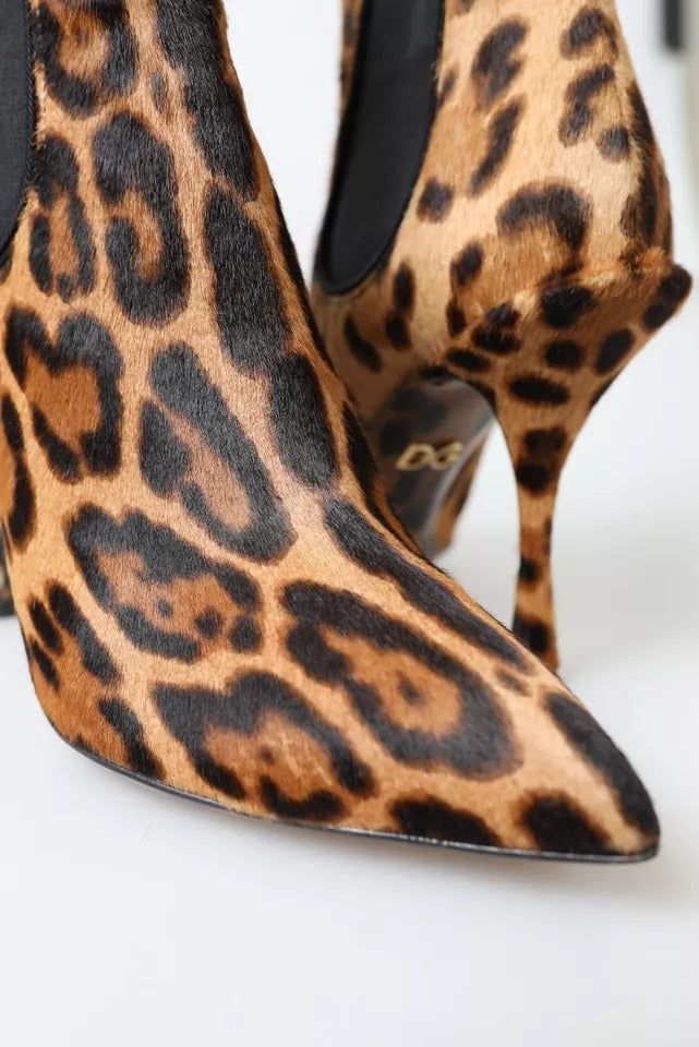 Dolce & Gabbana Brown Leopard Leather Stretch Heels Boots Shoes