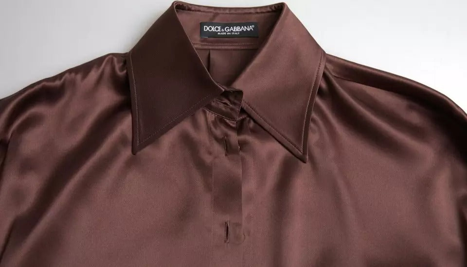 Dolce & Gabbana Brown Silk Collared Long Sleeves Top Blouse