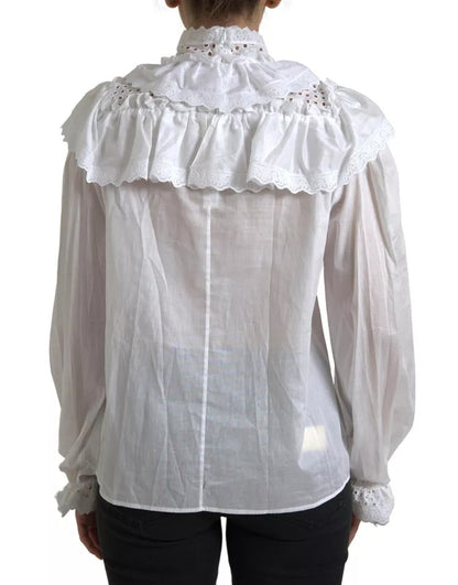 Dolce & Gabbana White Cotton Lace Trim Turtle Neck Blouse