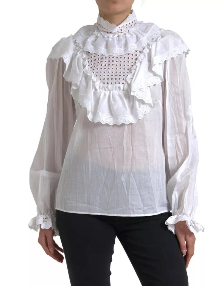 Dolce & Gabbana White Cotton Lace Trim Turtle Neck Blouse