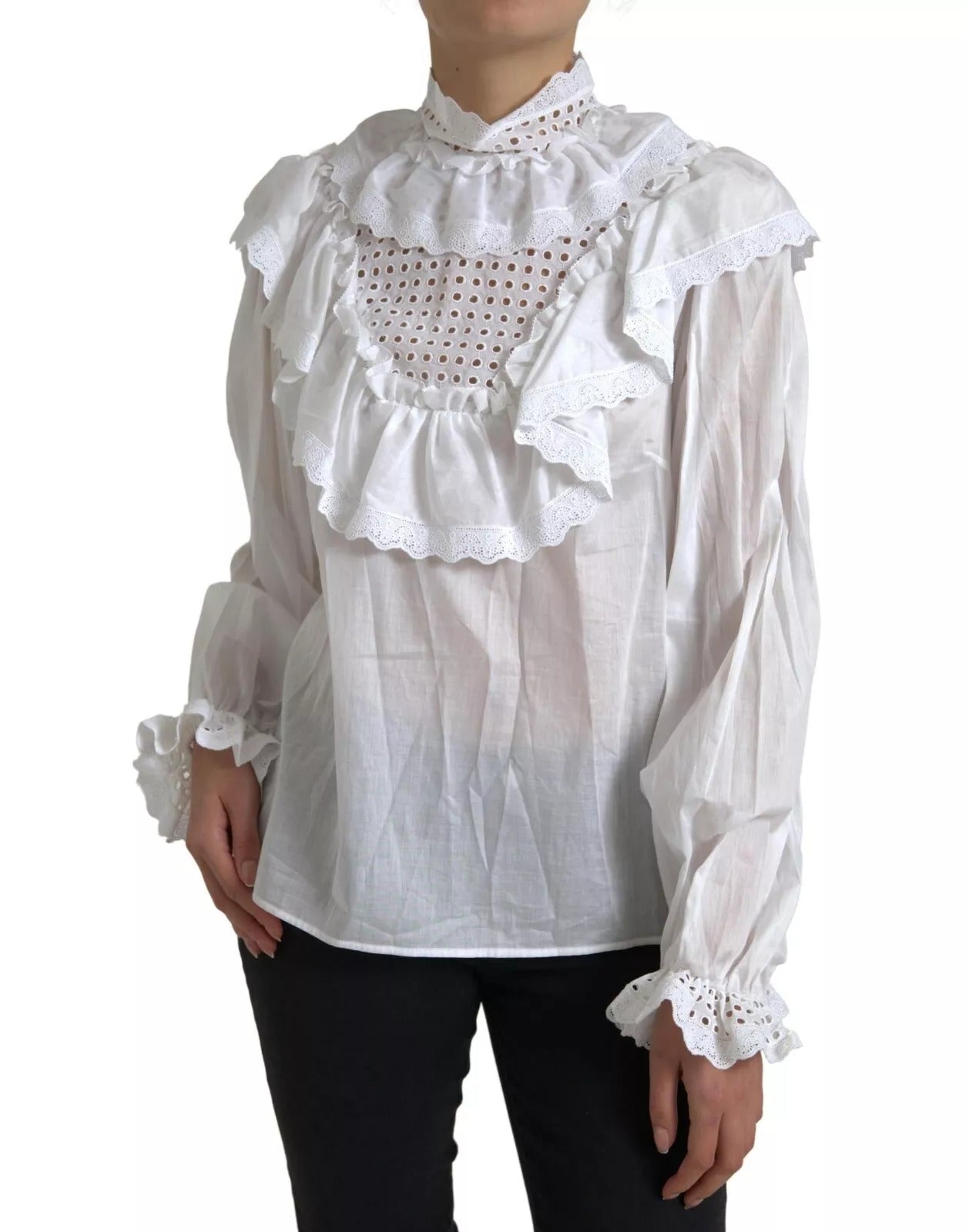 Dolce & Gabbana White Cotton Lace Trim Turtle Neck Blouse