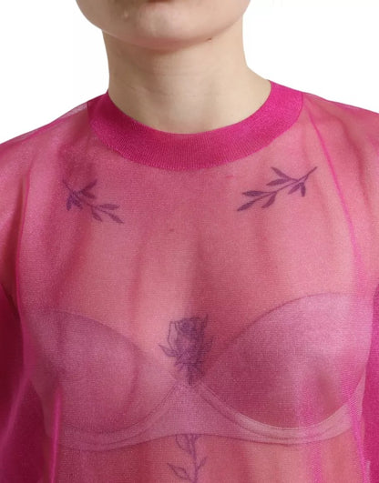 Dolce & Gabbana Pink Sheer Long Sleeves Crewneck Top Blouse