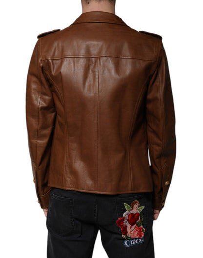 Dolce & Gabbana Brown Calfskin Leather Button Down Jacket