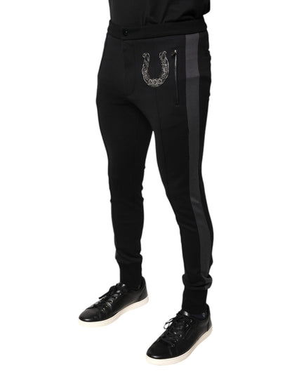 Dolce & Gabbana Black Horseshoe Embellished Wool Slim Fit Pants