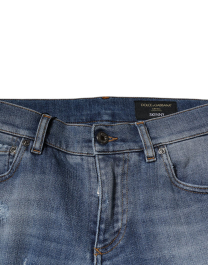 Dolce & Gabbana Blue Tattered Cotton Stretch Skinny Denim Jeans