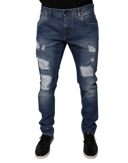 Dolce & Gabbana Blue Cotton Tattered Skinny Denim Jeans