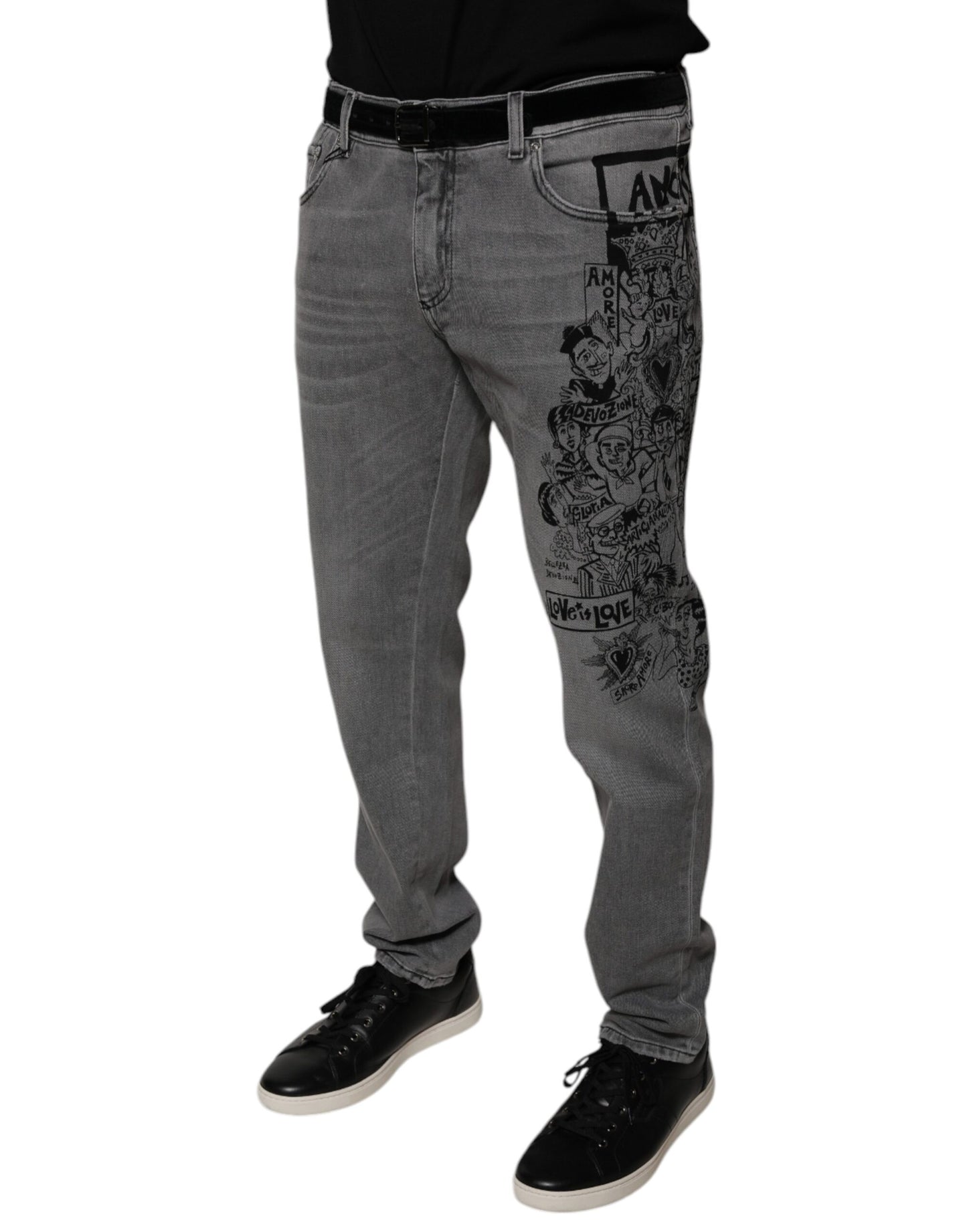 Dolce & Gabbana Gray Graphic Print Cotton Skinny Denim Jeans