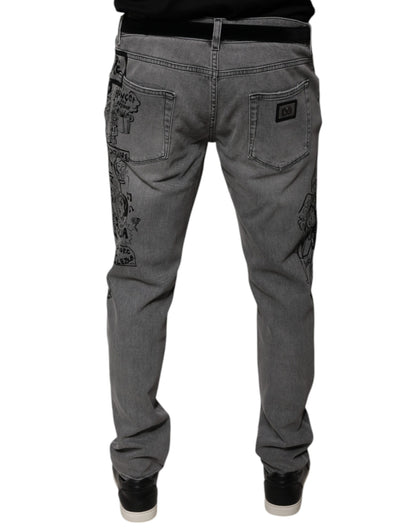 Dolce & Gabbana Gray Graphic Print Cotton Skinny Denim Jeans