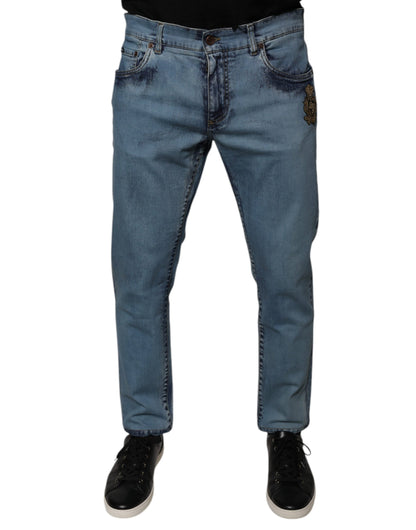 Dolce & Gabbana Blue Cotton DG Crown Patch Skinny Denim Jeans