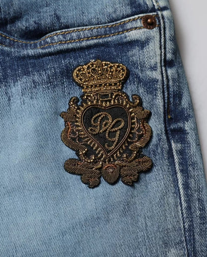 Dolce & Gabbana Blue Cotton DG Crown Patch Skinny Denim Jeans