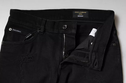 Dolce & Gabbana Black Cotton Tattered Skinny Denim Logo Jeans