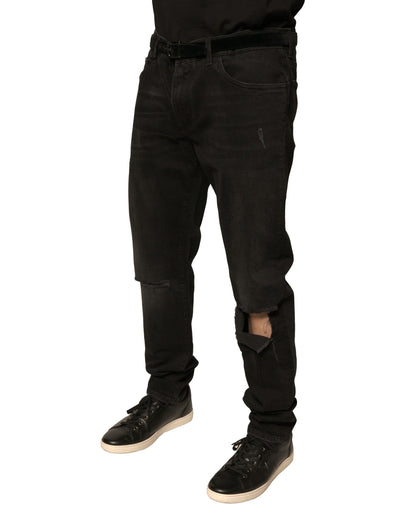 Dolce & Gabbana Black Ripped Logo Cotton Skinny Denim Jeans