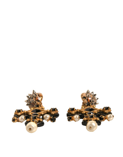 Dolce & Gabbana Black Crystal Cross Crystal Embellished Gold Clip On Earrings