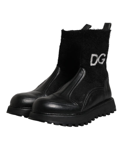 Dolce & Gabbana Black DG Logo Horse Sock Ankle Boots Shoes