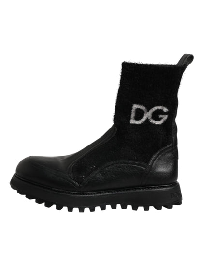 Dolce & Gabbana Black DG Logo Horse Sock Ankle Boots Shoes