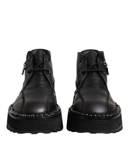 Dolce & Gabbana Black Leather Lace Up Ankle Boots Shoes