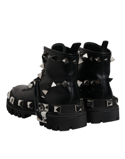 Dolce & Gabbana Black Leather Studded Trekking Boots Shoes