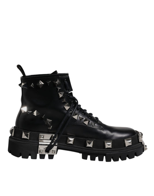 Dolce & Gabbana Black Leather Studded Trekking Boots Shoes