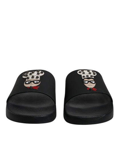 Dolce & Gabbana Black Leather Slides Sandals Beachwear Shoes