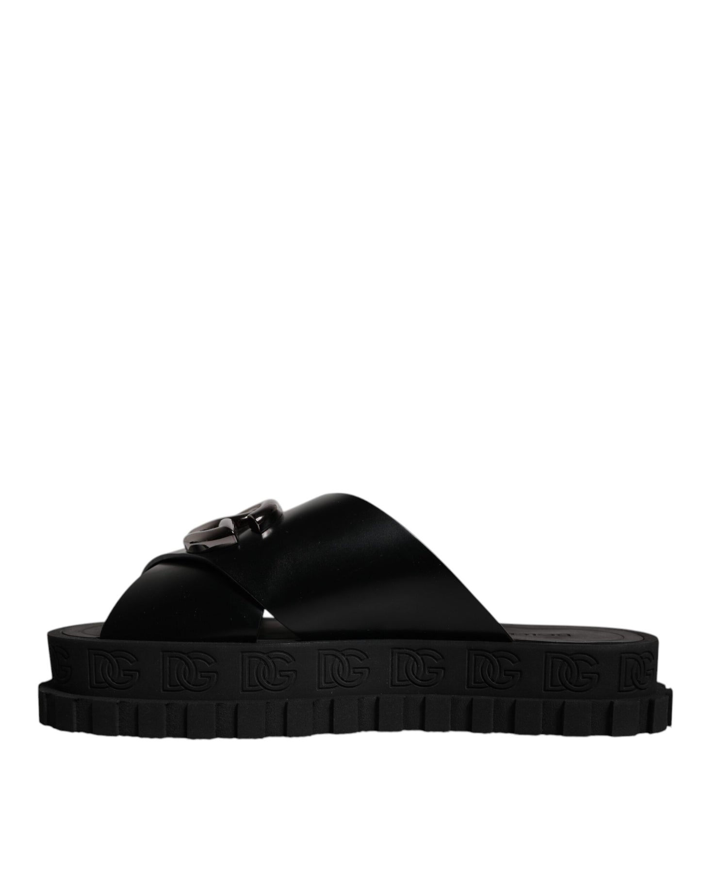 Dolce & Gabbana Black Leather DG Criss Cross Slides Sandals Shoes