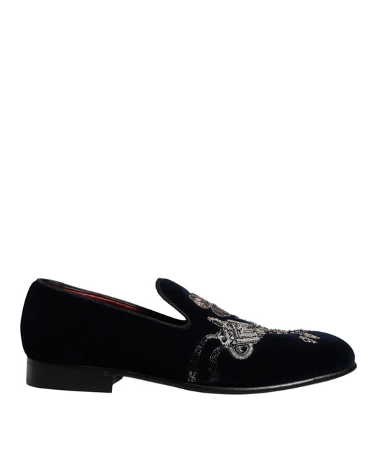 Dolce & Gabbana Black Velvet Floral Gun Loafers Dress Shoes