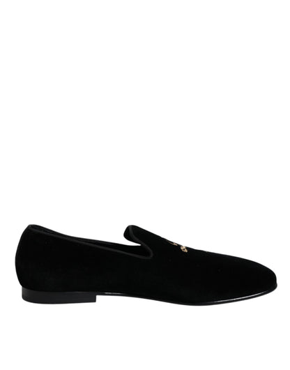 Dolce & Gabbana Black Velvet DG Logo Loafers Formal Shoes