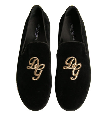 Dolce & Gabbana Black Velvet DG Logo Loafers Formal Shoes