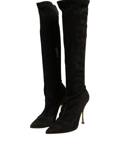 Dolce & Gabbana Black Suede Stiletto Knee High Boots Shoes