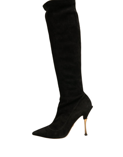 Dolce & Gabbana Black Suede Stiletto Knee High Boots Shoes